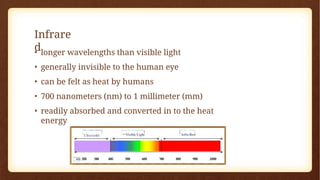 Infrare
d
• longer wavelengths than visible light
• generally invisible to the human eye
• can be felt as heat by humans
• 700 nanometers (nm) to 1 millimeter (mm)
• readily absorbed and converted in to the heat
energy
 