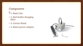 Component
s
• 1. Main Unit
• 2. Reel holder (Imaging
film)
• 3. Corona Wand
• 4. Mains power adapter
 