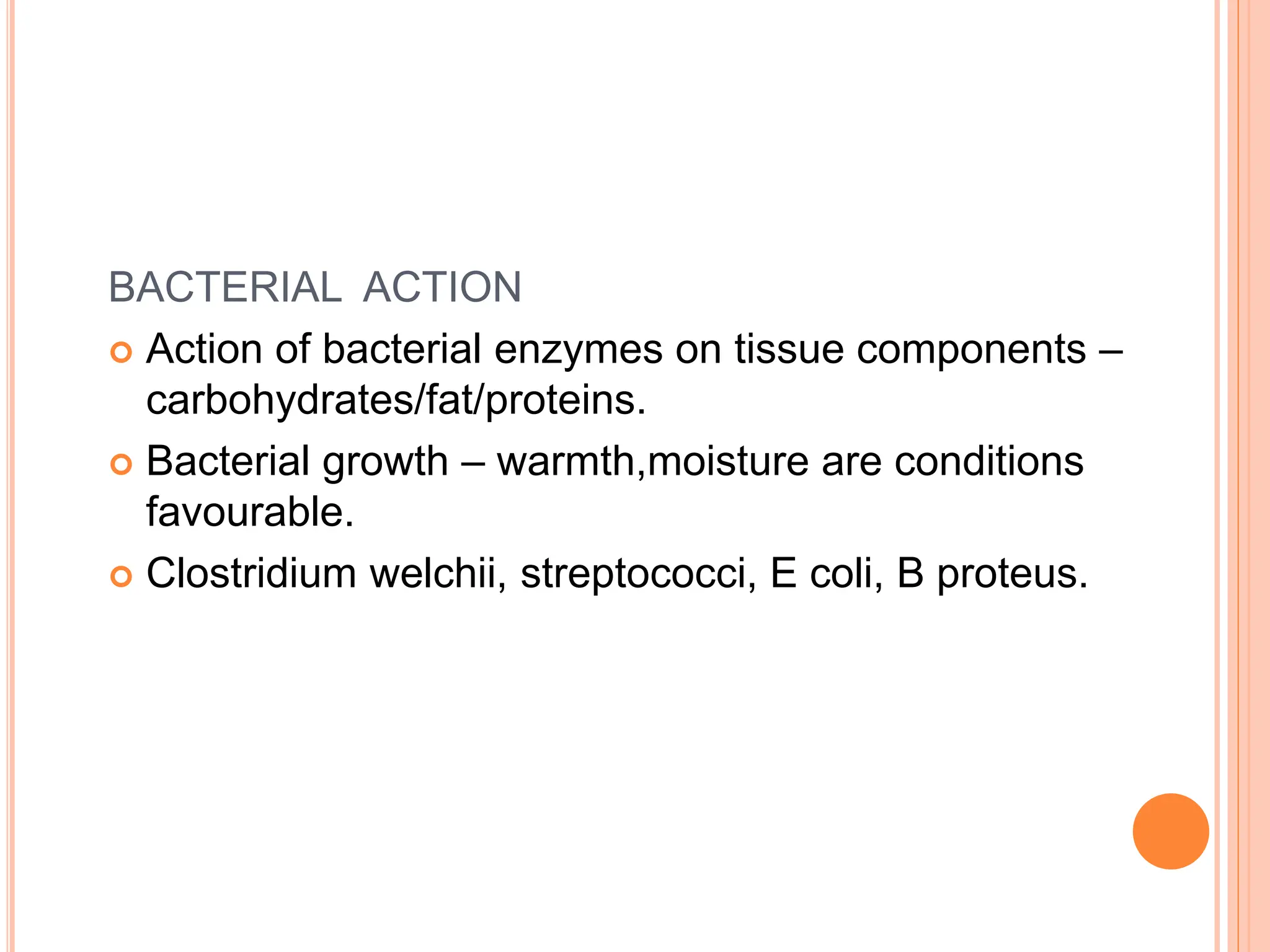 BACTERIAL ACTION
 Action of bacterial enzymes on tissue components –
carbohydrates/fat/proteins.
 Bacterial growth – warmth,moisture are conditions
favourable.
 Clostridium welchii, streptococci, E coli, B proteus.
 