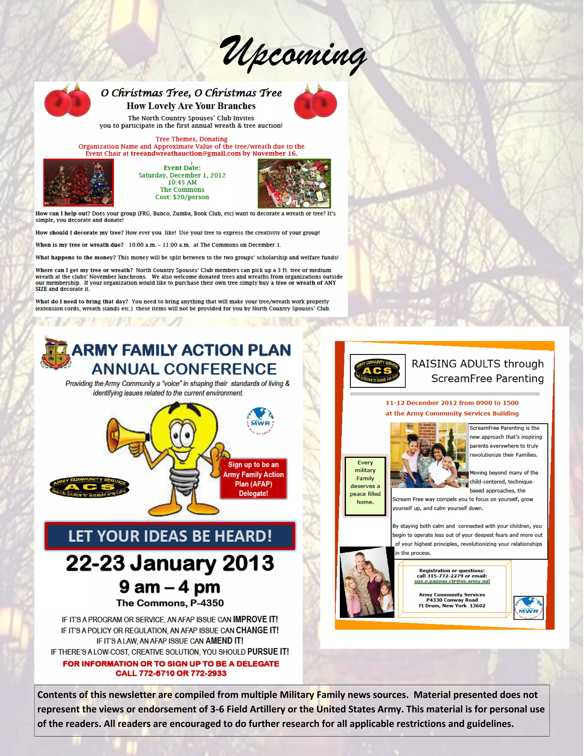 Upcoming




Contents of this newsletter are compiled from multiple Military Family news sources. Material presented does not
represent the views or endorsement of 3-6 Field Artillery or the United States Army. This material is for personal use
of the readers. All readers are encouraged to do further research for all applicable restrictions and guidelines.
 