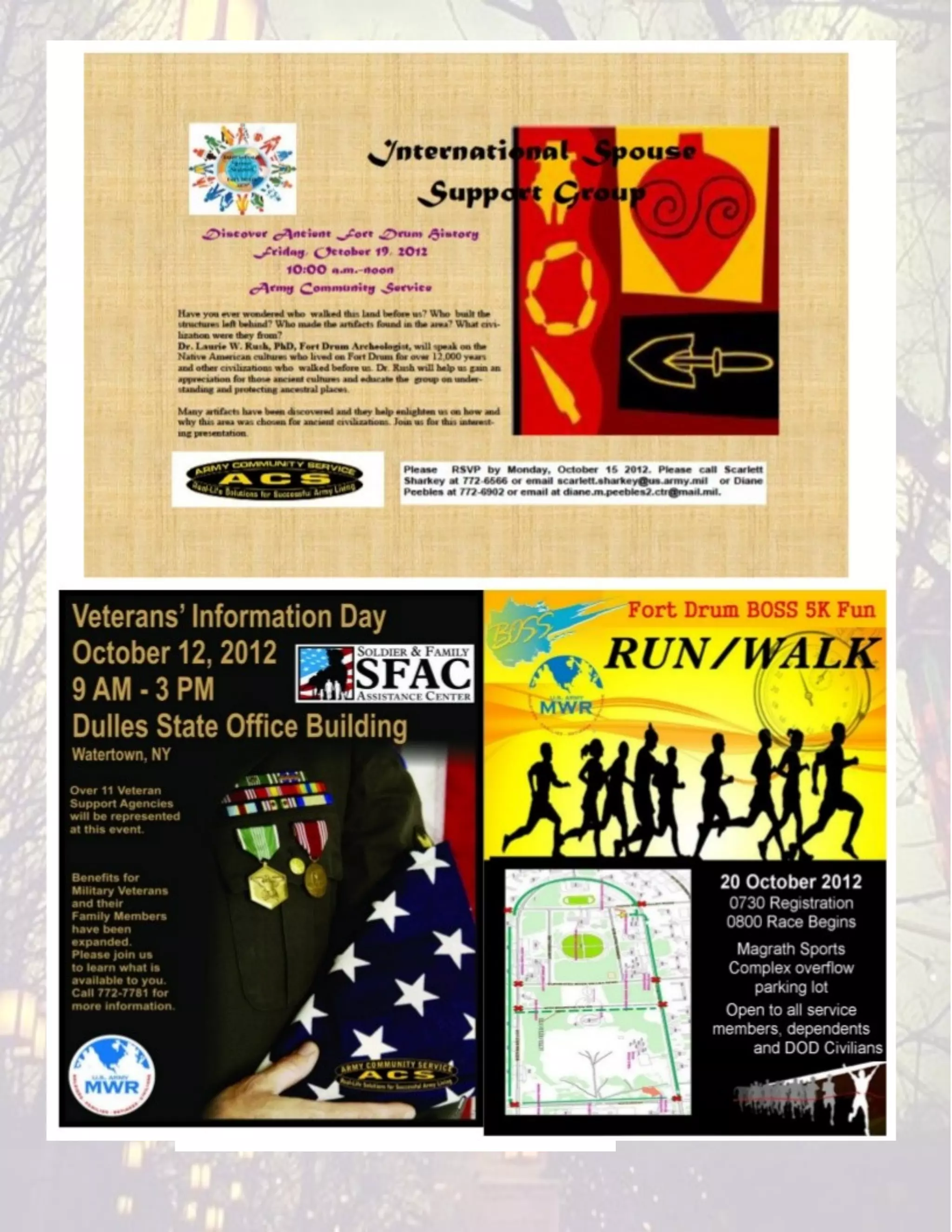 Information
GI Bill
The Army G1 announced the current policy and procedure for determining the
length of an ADSO based on the Service Member’s qualifying service as of 1 Au-
gust 2009 will end on 1 Aug 2013. After that date, all Service Members will be held
to a four year ADSO regardless of their qualifying years on 1 Aug 2009. Requests
for transfer of benefits are made through MILCONNECT at https://
www.dmdc.osd.mil/milconnect/faces/index.jspx and the ADSO starts on the date
the request is approved, not 1 Aug 2009.

Voting
If you haven't registered to vote yet or requested an Absentee Ballot from your
home state, check out the website below to do so at this time. November 7th is
Election Day, are you ready? http://www.fvap.gov/
 