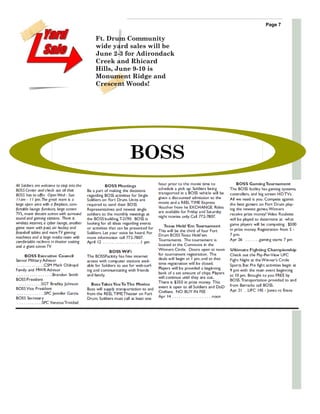 Page 7


Ft. Drum Community
wide yard sales will be
June 2-3 for Adirondack
Creek and Rhicard
Hills, June 9-10 is
Monument Ridge and
Crescent Woods!




          BOSS
 