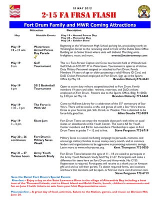 18 MAY 2012

      2-15 FA FRSA FLASH
Fort Drum Family and MWR Coming Attractions
 