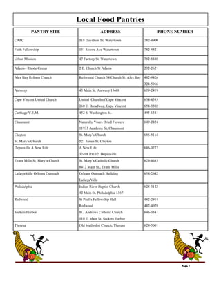 Local Food Pantries
           PANTRY SITE                         ADDRESS                        PHONE NUMBER
CAPC                            518 Davidson St. Watertown            782-4900

Faith Fellowship                131 Moore Ave Watertown               782-4421

Urban Mission                   47 Factory St. Watertown              782-8440

Adams– Rhode Center             2 E. Church St Adams                  232-2621

Alex Bay Reform Church          Reformed Church 54 Church St. Alex Bay 482-9426
                                                                      324-5966
Antwerp                         45 Main St. Antwerp 13608             659-2419

Cape Vincent United Church      United Church of Cape Vincent         654-4555
                                260 E. Broadway, Cape Vincent         654-3302
Carthage V.E,M.                 452 S. Washington St.                 493-1341

Chaumont                        Naturally Yours Dried Flowers         649-2424
                                11933 Academy St, Chaumont
Clayton                         St. Mary’s Church                     686-5164
St. Mary’s Church               521 James St, Clayton
Depauville A New Life           A New Life                            686-0227
                                32498 Rte 12, Depauville
Evans Mills St. Mary’s Church   St. Mary’s Catholic Church            629-4683
                                8412 Main St., Evans Mills
LafargeVille Orleans Outreach   Orleans Outreach Building             658-2642
                                LafargeVille
Philadelphia                    Indian River Baptist Church           628-3122
                                42 Main St. Philadelphia 1367
Redwood                         St Paul’s Fellowship Hall             482-2914
                                Redwood                               482-4029
Sackets Harbor                  St.. Andrews Catholic Church          646-3341
                                110 E. Main St. Sackets Harbor
Theresa                         Old Methodist Church, Theresa         628-5001




                                                                                      Page 7
 