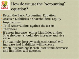  Recall the Basic Accounting Equation:
 Assets = Liabilities + Shareholders’ Equity
 Implications:
 Total Asset=Claims against the assets
 Therefore :
 If assets increase : either Liabilities and/or
Shareholders’ should also increase and vice
versa
 For example: borrow cash, cash (asset) will
increase and Liabilities will increase
 when it is paid back: cash (asset) will decrease
and liabilities will decrease
 
