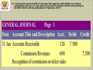 14. During the second half of January the agency sold tickets to various
customers and on 31 Jan sent an invoice to Kenya Airline amounting to
$7,500 which will be collected in February 2010
GENERALJOURNAL Page 1
Date AccountTitle andDescription Acct.No.
Debit Credit
31 Jan2004
AccountsReceivable 120 7.500
CommissionRevenues 600 7.500
Recognitionofcommissiononticketsales
 