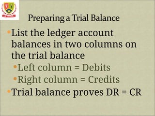 List the ledger account
balances in two columns on
the trial balance
Left column = Debits
Right column = Credits
Trial balance proves DR = CR
 