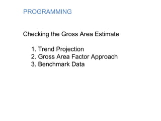 PROGRAMMING
Checking the Gross Area Estimate
1. Trend Projection
2. Gross Area Factor Approach
3. Benchmark Data
 