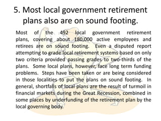 5. Most local government retirement
   plans also are on sound footing.
Most of the 492 local government retirement
plans, covering about 180,000 active employees and
retirees are on sound footing. Even a disputed report
attempting to grade local retirement systems based on only
two criteria provided passing grades to two-thirds of the
plans. Some local plans, however, face long term funding
problems. Steps have been taken or are being considered
in those localities to put the plans on sound footing. In
general, shortfalls of local plans are the result of turmoil in
financial markets during the Great Recession, combined in
some places by underfunding of the retirement plan by the
local governing body.
 
