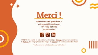 CRÉDITS : Ce modèle de présentation a été créé par Slidesgo, comprenant des icônes
de Flaticon, des infographies et des images de Freepik et du contenu de Swetha Tandri
Merci !
Avez-vous des questions ?
votreemail@freepik.com
+91 620 421 838
votresite.com
Veuillez conserver cette diapositive pour l’attribution
 