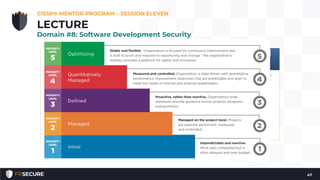• Programmers may make 15-50 mistakes per thousand lines of
code, but following a programming maturity framework such as
the SEI Capability Maturity Model (CMM) can lower that number
to 1 mistake per thousand.
SEI Capability Maturity Model (CMM)
• The Software Capability Maturity Model (CMM) is a maturity
framework for evaluating and improving the software
development process. The model was developed by Carnegie
Mellon University’s (CMU) Software Engineering Institute (SEI).
• The goal of CMM is to develop a methodical framework for
creating quality software which allows measurable and
repeatable results
CISSP® MENTOR PROGRAM – SESSION ELEVEN
47
LECTURE
Domain #8: Software Development Security
 