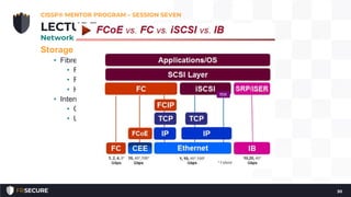 Storage Protocols
• Fibre Channel over Ethernet (FCoE)
• FCoE uses Ethernet
• Fibre Channel over IP (FCIP) encapsulates frames via TCP/IP
• HBA (Host Bus Adapters)
• Internet Small Computer System Interface (iSCSI)
• Can access storage across a WAN
• Uses Logical Unit Numbers (LUNs)
CISSP® MENTOR PROGRAM – SESSION SEVEN
30
LECTURE
Network Architecture and Design
 