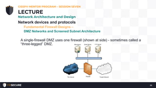 Network devices and protocols
Fundamental Firewall Designs –
DMZ Networks and Screened Subnet Architecture
A single-firewall DMZ uses one firewall (shown at side) - sometimes called a
“three-legged” DMZ.
CISSP® MENTOR PROGRAM – SESSION SEVEN
77
LECTURE
Network Architecture and Design
 