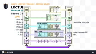 Secure Communications
VPN
• IPv4 has no built-in confidentiality
• IPSec (Internet Protocol Security) was designed to provide confidentiality, integrity,
and authentication via encryption for IPv6
• IPSec has been ported to IPv4
• IPSec is a suite of protocols:
• Major two are Encapsulating Security Protocol (ESP) and Authentication Header (AH)
• Each has an IP protocol number: ESP is protocol 50; AH is protocol 51.
CISSP® MENTOR PROGRAM – SESSION SEVEN
94
LECTURE
Network Architecture and Design
 