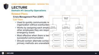 Related Plans
Crisis Management Plan (CMP)
Call Trees
• Used to quickly communicate news throughout an
organization without overburdening any specific person
• Works by assigning each employee a small number of
other employees they are responsible for calling in an
emergency event
• Most effective when there is two-way reporting of
successful communication
• Should contain alternate contact methods, in case the
primary methods are unavailable
CISSP® MENTOR PROGRAM – SESSION TEN
113
LECTURE
Domain #7: Security Operations
 