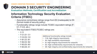 Information Technology Security Evaluation
Criteria (ITSEC)
• Assurance correctness ratings range from E0 (inadequate) to E6
(formal model of security policy)
• Functionality ratings range include TCSEC equivalent ratings (F-
C1, F-C2, etc.)
• The equivalent ITSEC/TCSEC ratings are:
• 0: D
• F-C1,E1: C1
• F-C2,E2: C2
• F-B1,E3: B1
• F-B2,E4: B2
• F-B3,E5: B3
• F-B3,E6: A1
CISSP® MENTOR PROGRAM – SESSION THREE
95
DOMAIN 3 SECURITY ENGINEERING
Evaluation Methods, Certification and Accreditation
Additional functionality ratings include:
• F-IN: High integrity requirements
• AV: High availability requirements
• DI: High integrity requirements for networks
• DC: High confidentiality requirements for networks
• DX: High integrity and confidentiality requirements for networks
 