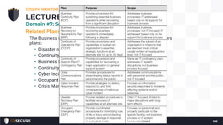Related Plans
The Business Continuity Plan is an umbrella plan that contains others
plans:
• Disaster recovery plan
• Continuity of Operations Plan (COOP)
• Business Resumption/Recovery Plan (BRP)
• Continuity of Support Plan
• Cyber Incident Response Plan
• Occupant Emergency Plan (OEP)
• Crisis Management Plan (CMP)
CISSP® MENTOR PROGRAM – SESSION TEN
108
LECTURE
Domain #7: Security Operations
FRSECURE.COM/CISSP-MENTOR-PROGRAM
 