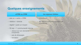 Visionary Marketing - cc 2014 - visionarymarketing.com 9
Quelques enseignements
eCRM ou CRM
• pas un « autre » CRM
• relation + directe
• digital = juste un moyen
• 50 etp + 1 communauté interne
• chacun sur son domaine
d’expertise
• pas de dérapages
• formation
les signaux faibles
• s’améliorer
• les râleurs sont une occasion de
s’améliorer
 
