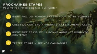 PROCHAINES ÉTAPES 
Pour votre stratégie de Noël sur Twitter 
1 
2 
3 
4 
IDENTIFIEZ LES MOMENTS CLEFS POUR VOTRE BUSINESS 
CRÉEZ DU CONTENU APPROPRIÉ À CES MOMENTS-CLEFS 
IDENTIFIEZ ET CIBLEZ LA BONNE AUDIENCE POUR VOS 
CONTENUS 
TESTEZ ET OPTIMISEZ VOS CAMPAGNES 
 