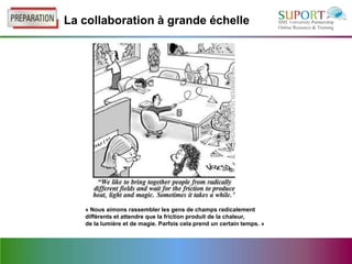 La collaboration à grande échelle




   « Nous aimons rassembler les gens de champs radicalement
   différents et attendre que la friction produit de la chaleur,
   de la lumière et de magie. Parfois cela prend un certain temps. »
 