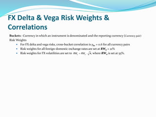 FX Delta & Vega Risk Weights &
Correlations
Buckets : Currency in which an instrument is denominated and the reporting currency (Currency pair)
Risk Weights
 For FX delta and vega risks, cross-bucket correlation is γbc = 0.6 for all currency pairs
 Risk weights for all foreign-domestic exchange rates are set at RWk = 21%
 Risk weights for FX volatilities are set to σ = , where RWσ is set at 55%.
 