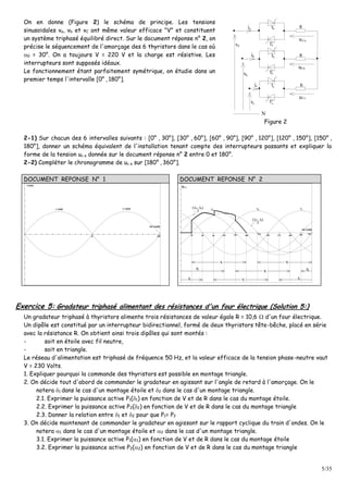 5/35
On en donne (Figure 2) le schéma de principe. Les tensions
sinusoïdales va, vb et vC ont même valeur efficace "V" et constituent
un système triphasé équilibré direct. Sur le document réponse n° 2, on
précise le séquencement de l'amorçage des 6 thyristors dans le cas où
0 = 30°. On a toujours V = 220 V et la charge est résistive. Les
interrupteurs sont supposés idéaux.
Le fonctionnement étant parfaitement symétrique, on étudie dans un
premier temps l'intervalle [0° , 180°].
Ta
T'
T
T'
T
T'
a
b
b
c
c
ai
va
vb
vc
ci
bi
N
R
R
R
Cau
Cbu
Ccu
Figure 2
2-1) Sur chacun des 6 intervalles suivants : [0° , 30°], [30° , 60°], [60° , 90°], [90° , 120°], [120° , 150°], [150° ,
180°], donner un schéma équivalent de l'installation tenant compte des interrupteurs passants et expliquer la
forme de la tension uc a donnée sur le document réponse n° 2 entre 0 et 180°.
2-2) Compléter le chronogramme de uc a sur [180° , 360°].
DOCUMENT REPONSE N° 1 DOCUMENT REPONSE N° 2
 
t (rad)
v (t) -v (t)
i (t)
t (rad)
30 60 120 150 18090
210
240 270 300 330 360
va vb
vcva( - )
2
vc
Cau
vbva( - )
2
T'aTa
T'c
Tc
Tb
T'b T'b
Tc
Exercice 5: Gradateur triphasé alimentant des résistances d'un four électrique (Solution 5:)
Un gradateur triphasé à thyristors alimente trois résistances de valeur égale R = 10,6  d'un four électrique.
Un dipôle est constitué par un interrupteur bidirectionnel, formé de deux thyristors tête-bêche, placé en série
avec la résistance R. On obtient ainsi trois dipôles qui sont montés :
- soit en étoile avec fil neutre,
- soit en triangle.
Le réseau d'alimentation est triphasé de fréquence 50 Hz, et la valeur efficace de la tension phase-neutre vaut
V = 230 Volts.
1. Expliquer pourquoi la commande des thyristors est possible en montage triangle.
2. On décide tout d'abord de commander le gradateur en agissant sur l'angle de retard à l'amorçage. On le
notera 1 dans le cas d'un montage étoile et 2 dans le cas d'un montage triangle.
2.1. Exprimer la puissance active P1(1) en fonction de V et de R dans le cas du montage étoile.
2.2. Exprimer la puissance active P2(2) en fonction de V et de R dans le cas du montage triangle
2.3. Donner la relation entre 1 et 2 pour que P1= P2
3. On décide maintenant de commander le gradateur en agissant sur le rapport cyclique du train d'ondes. On le
notera 1 dans le cas d'un montage étoile et 2 dans le cas d'un montage triangle.
3.1. Exprimer la puissance active P1(1) en fonction de V et de R dans le cas du montage étoile
3.2. Exprimer la puissance active P2(2) en fonction de V et de R dans le cas du montage triangle
 