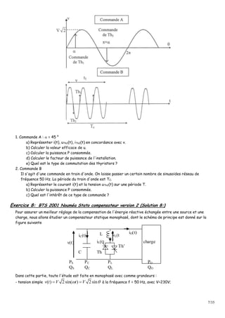 7/35
1. Commande A :  = 45 °
a) Représenter i(t), uTh2(t), iTh2(t) en concordance avec v.
b) Calculer la valeur efficace de u.
c) Calculer la puissance P consommée.
d) Calculer le facteur de puissance de l'installation.
e) Quel est le type de commutation des thyristors ?
2. Commande B
Il s'agit d'une commande en train d'onde. On laisse passer un certain nombre de sinusoïdes réseau de
fréquence 50 Hz. La période du train d'onde est TC.
a) Représenter le courant i(t) et la tension uTh2(t) sur une période T.
b) Calculer la puissance P consommée.
c) Quel est l'intérêt de ce type de commande ?
Exercice 8: BTS 2001 Nouméa Stato compensateur version 2 (Solution 8:)
Pour assurer un meilleur réglage de la compensation de l'énergie réactive échangée entre une source et une
charge, nous allons étudier un compensateur statique monophasé, dont le schéma de principe est donné sur la
figure suivante
iC(t)
v(t)
L
C
Th’
vL(t
)iL(t)
Th
iO(t)
charge
PS
QS
PL
QL
PC
QC
PO
QO
Dans cette partie, toute l'étude est faite en monophasé avec comme grandeurs :
- tension simple ( ) 2sin( ) 2sinv t V t V   à la fréquence f = 50 Hz, avec V=230V;
 
