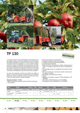 (1)




     (2)                                                             (3)




                                                                                                               (1): TP 130 PTO · (2): TP 130 PTO • (3): TP 130 MOBIL


    TP 130                                                                                                                                 NOUVEAU
                                                                                                                                                                    TÉ
    La nouvelle machine TP 130 a été développée afin d’optimiser le prix                  • Deux contre-couteaux en acier Raex 400.
    sans altérer la qualité et la sécurité, atouts qui ont fait de TP linddana            • Changement rapide des couteaux sans réglage.
    son excellente réputation. La machine TP 130 est munie de rouleaux                    • Un rouleau d’amenage entraîné hydrauliquement.
    d’amenage récemment développés et qui sont entraînés hydrauli-                        • Goulotte d’éjection orientable.
    quement. Le rouleau d’amenage est muni des dents pour une action                      • Racleur pour éviter l’accumulation de matière, le long des axes du
    encore plus agressive quand le bois est transporté de la trémie vers                    rouleau d ’amenage, le long de l’axe du rotor et à la périphérie du
    les couteaux. La machine est simple dans sol construction mais dotée                    rotor.
    des fonctions nécessaires pour déchiqueter le bois avec une capacité                  • Axe de blocage du rotor, pour changement des couteaux en toute
    convaincante. Les plaquettes de bois sont de 8mm dans la longueur.                      sécurité.
                                                                                          • barre de commande pour marche avant /arrêter/ marche arrière
    Au niveau de la sécurité, la machine est conforme aux règles en                         du rouleau d ’amenage
    vigueur en France et en Europe. La machine est munie d’une barre                      • Pied réglable en deux positions de hauteur.
    de sécurité. L’action de cette barre permet; le fonctionnement avant,                 • Cardan.
    l’arrêt ou la marche arrière du rouleau d’amenage.                                    • Régulation de surcharge « no-stress » TP PiLOT standard sur le TP
                                                                                            130 MObiL
    Équipement standard – TP 130                                                          • 25 CV moteur KOHLER essence sur le TP 130 MObiL.
    • Système hydraulique intégré avec pompe et réservoir hydraulique                     • Embrayage de courroie trapézoïdale sur TP 130 MObiL.
    • Deux couteaux.



     PARC                Modèle                     Couteaux Taille        Capacité                  PTO             Poids                Carburant
     Variantes                            Hxl (mm)     Nombre       mm           m³/heure         kW(cv)       RPM      kg      Type    Consommation/h*   Résevoir ltr.

     Tracteur            TP 130 PTO                                                3-10        18-45 (25-60)   540     502

     Sur remorque 80     TP 130 MObiLE   130 x 220        2          8
                                                                                   3-6                                 660     benzin          5               24
     km/h, 18 cv




    TP 100             TP 130            TP 160            TP 200                TP 250              TP 230              TP 270             TP 280              TP 400



8      PA R C
 
