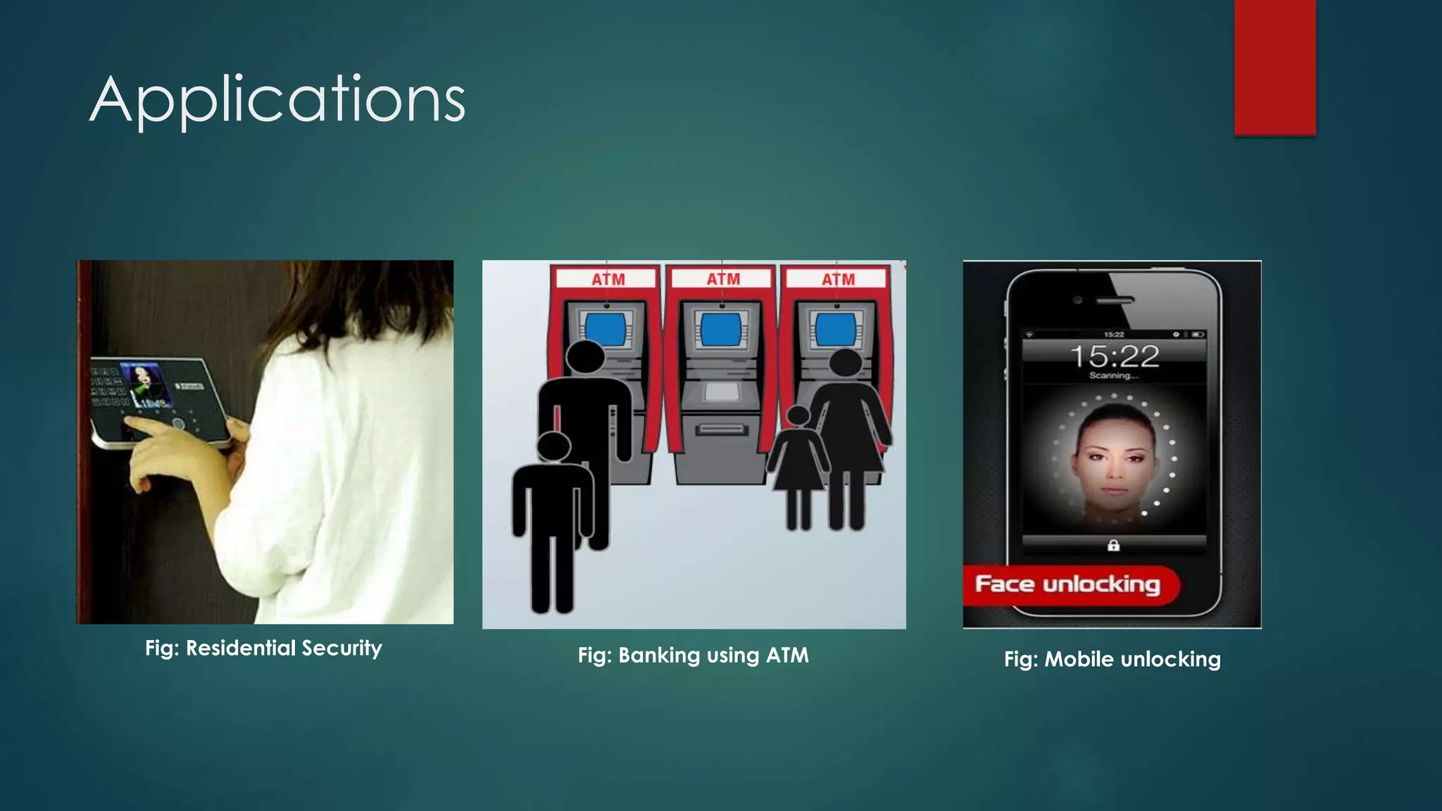 Applications
Fig: Residential Security Fig: Banking using ATM Fig: Mobile unlocking
 