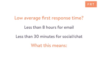 What this means:
Low average ﬁrst response time?
Less than 8 hours for email
Less than 30 minutes for social/chat
F R T
 