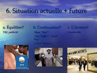 66.. SSiittuuaattiioonn aaccttuueellllee ++ ffuuttuurree 
aa.. ÉÉqquuiilliibbrree?? bb.. CCoonnttiinnuuaattiioonn?? cc.. LL’’iinnvveerrssee?? 
TTéélléé,, ppuubblliicciittéé -BBllaanncc ““bbooeerr”” 
-NNooiirr ““kkaaffffeerr””,, ““mmeeiidd””,, 
““bbooyy”” 
-CCoolloorréé ““hhoottnnooss”” 
WWoooollwwoorrtthhss 
 