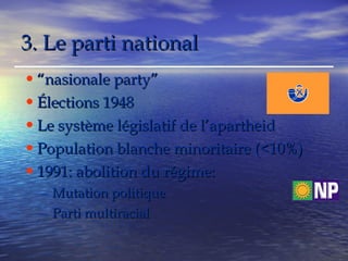 33.. LLee ppaarrttii nnaattiioonnaall 
•““nnaassiioonnaallee ppaarrttyy”” 
•ÉÉlleeccttiioonnss 11994488 
•LLee ssyyssttèèmmee llééggiissllaattiiff ddee ll’’aappaarrtthheeiidd 
•PPooppuullaattiioonn bbllaanncchhee mmiinnoorriittaaiirree ((<<1100%)) 
•11999911:: aabboolliittiioonn dduu rrééggiimmee:: 
– MMuuttaattiioonn ppoolliittiiqquuee 
– PPaarrttii mmuullttiirraacciiaall 
 