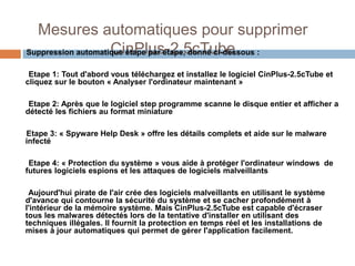 Mesures automatiques pour supprimer 
Suppression automatiqCuei nétaPpel upasr é-ta2pe.,5 dconTnéu cbi-dees sous : 
Etape 1: Tout d'abord vous téléchargez et installez le logiciel CinPlus-2.5cTube et 
cliquez sur le bouton « Analyser l'ordinateur maintenant » 
Etape 2: Après que le logiciel step programme scanne le disque entier et afficher a 
détecté les fichiers au format miniature 
Etape 3: « Spyware Help Desk » offre les détails complets et aide sur le malware 
infecté 
Etape 4: « Protection du système » vous aide à protéger l'ordinateur windows de 
futures logiciels espions et les attaques de logiciels malveillants 
Aujourd'hui pirate de l'air crée des logiciels malveillants en utilisant le système 
d'avance qui contourne la sécurité du système et se cacher profondément à 
l'intérieur de la mémoire système. Mais CinPlus-2.5cTube est capable d'écraser 
tous les malwares détectés lors de la tentative d'installer en utilisant des 
techniques illégales. Il fournit la protection en temps réel et les installations de 
mises à jour automatiques qui permet de gérer l'application facilement. 
 