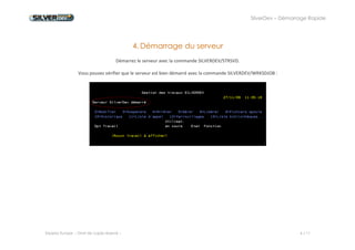 SilverDev – Démarrage Rapide 
Experia Europe -- Droit de copie réservé -- 6 / 11 
4. Démarrage du serveur 
Démarrez le serveur avec la commande SILVERDEV/STRSVD. 
Vous pouvez vérifier que le serveur est bien démarré avec la commande SILVERDEV/WRKSDJOB : 
 