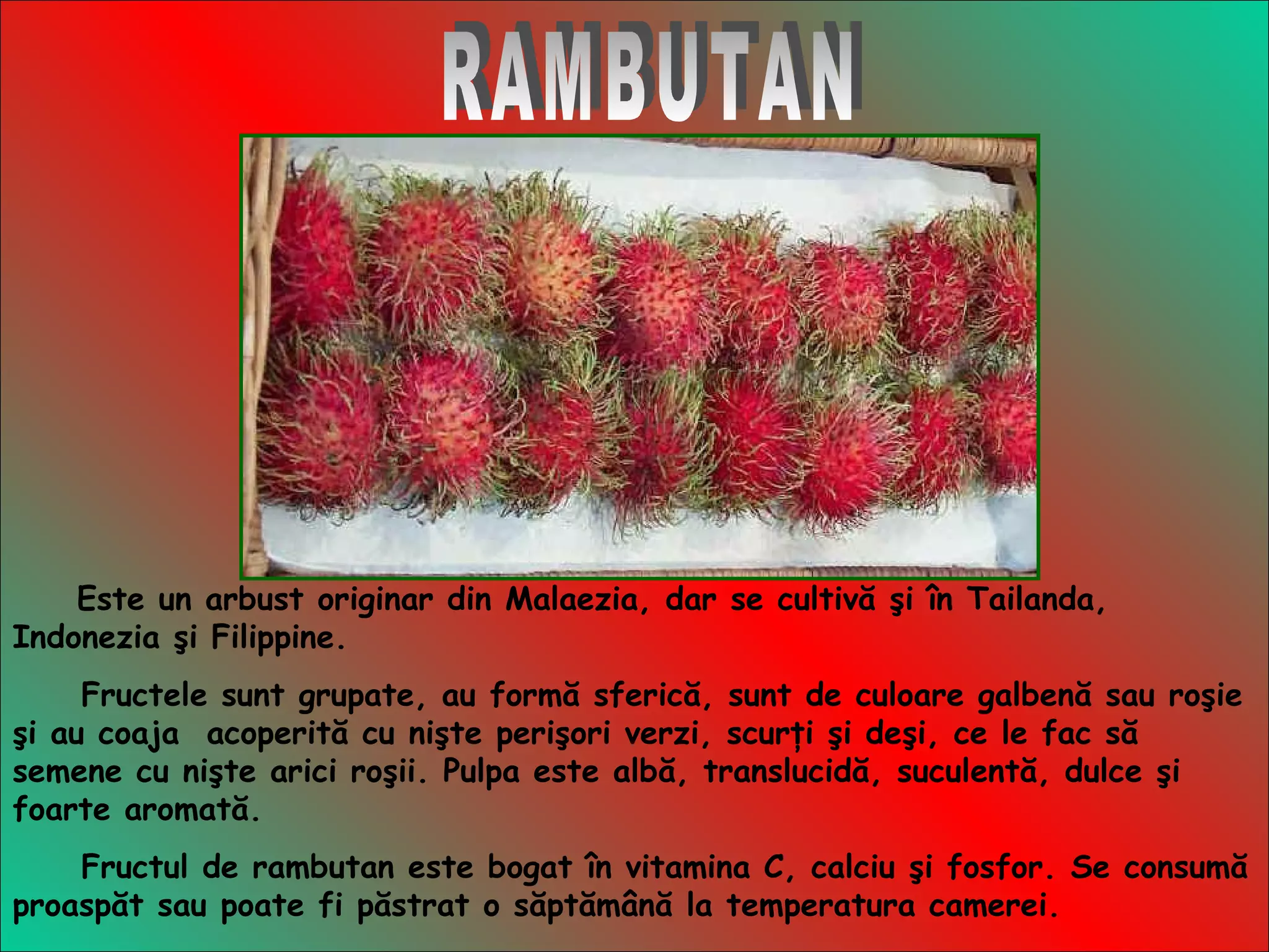 Este un arbust originar din Malaezia, dar se cultivă şi în Tailanda,
Indonezia şi Filippine.
Fructele sunt grupate, au formă sferică, sunt de culoare galbenă sau roşie
şi au coaja acoperită cu nişte perişori verzi, scurţi şi deşi, ce le fac să
semene cu nişte arici roşii. Pulpa este albă, translucidă, suculentă, dulce şi
foarte aromată.
Fructul de rambutan este bogat în vitamina C, calciu şi fosfor. Se consumă
proaspăt sau poate fi păstrat o săptămână la temperatura camerei.
 