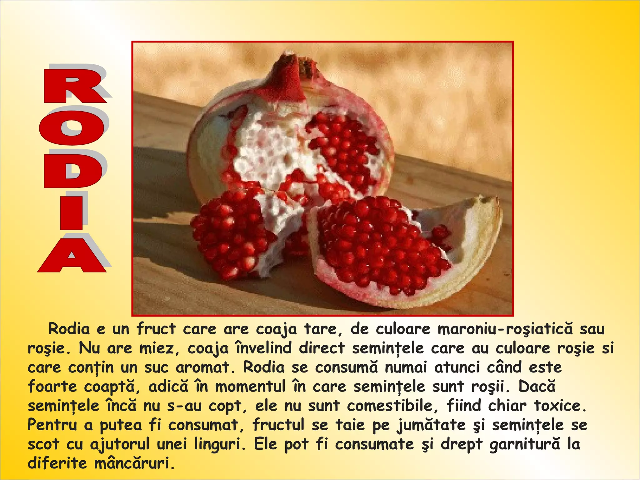 Rodia e un fruct care are coaja tare, de culoare maroniu-roşiatică sau
roşie. Nu are miez, coaja învelind direct seminţele care au culoare roşie si
care conţin un suc aromat. Rodia se consumă numai atunci când este
foarte coaptă, adică în momentul în care seminţele sunt roşii. Dacă
seminţele încă nu s-au copt, ele nu sunt comestibile, fiind chiar toxice.
Pentru a putea fi consumat, fructul se taie pe jumătate şi seminţele se
scot cu ajutorul unei linguri. Ele pot fi consumate şi drept garnitură la
diferite mâncăruri.
 