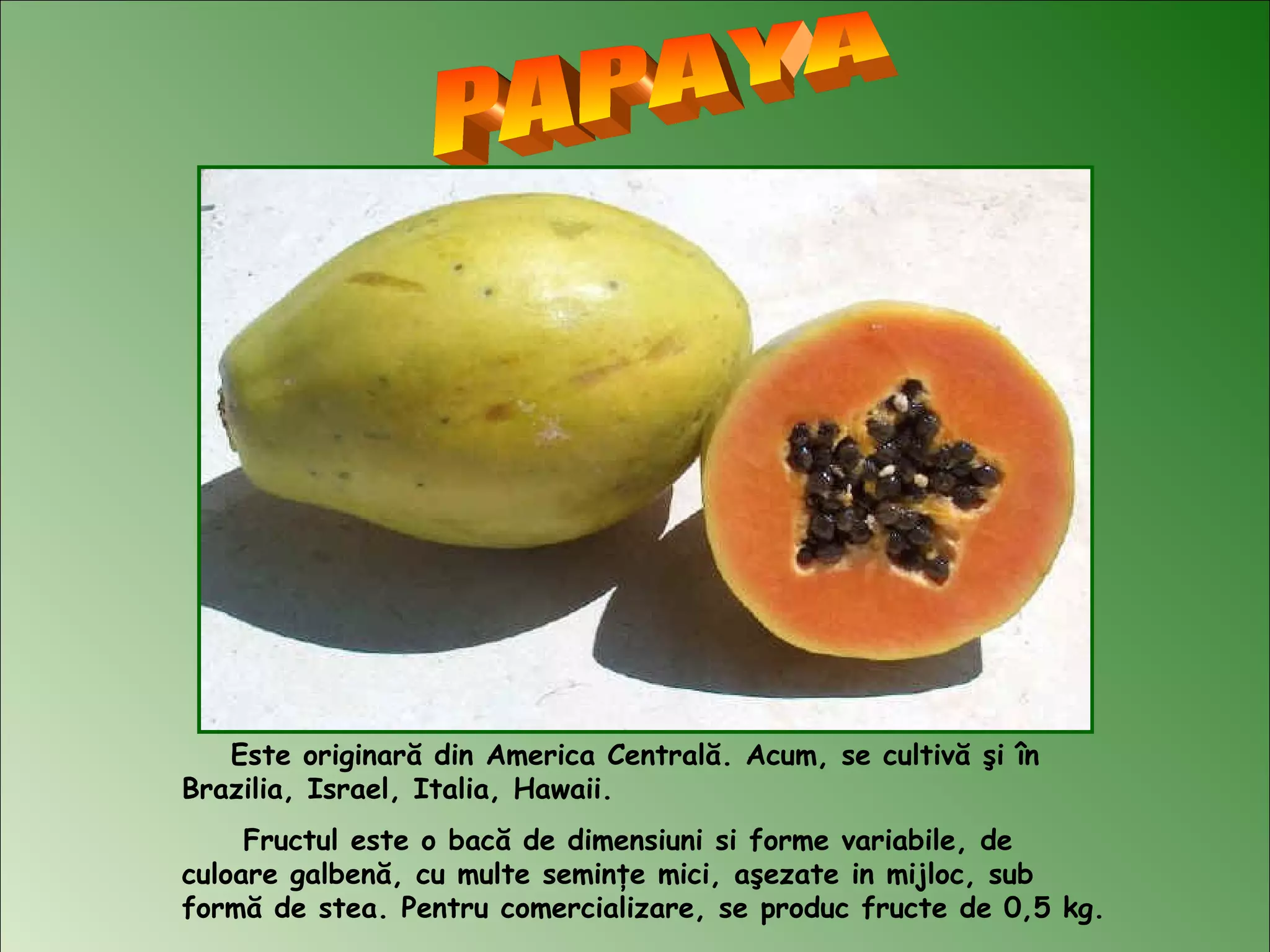 Este originară din America Centrală. Acum, se cultivă şi în
Brazilia, Israel, Italia, Hawaii.
Fructul este o bacă de dimensiuni si forme variabile, de
culoare galbenă, cu multe seminţe mici, aşezate in mijloc, sub
formă de stea. Pentru comercializare, se produc fructe de 0,5 kg.
 