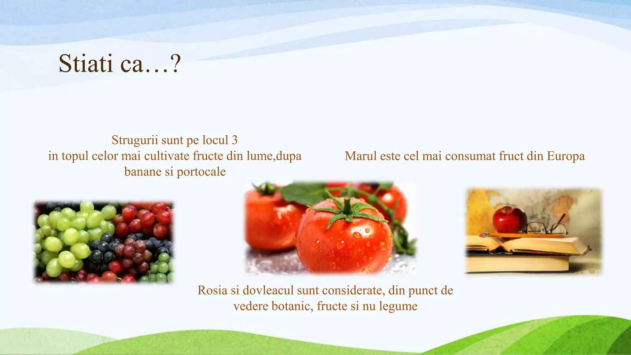 Stiati ca…?
Strugurii sunt pe locul 3
in topul celor mai cultivate fructe din lume,dupa
banane si portocale
Rosia si dovleacul sunt considerate, din punct de
vedere botanic, fructe si nu legume
Marul este cel mai consumat fruct din Europa
 