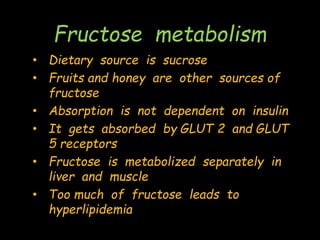 Fructose metabolism
• Dietary source is sucrose
• Fruits and honey are other sources of
fructose
• Absorption is not dependent on insulin
• It gets absorbed by GLUT 2 and GLUT
5 receptors
• Fructose is metabolized separately in
liver and muscle
• Too much of fructose leads to
hyperlipidemia
 