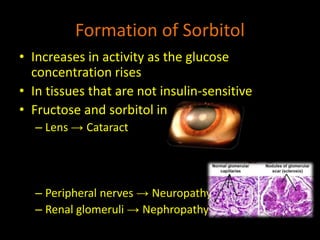 Formation of Sorbitol
• Increases in activity as the glucose
concentration rises
• In tissues that are not insulin-sensitive
• Fructose and sorbitol in
– Lens → Cataract
– Peripheral nerves → Neuropathy
– Renal glomeruli → Nephropathy
 