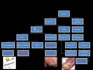 Excessive Fructose Consumption
Fructose ↑
Fructose 1-P ↑
Pi ↓
ATP ↓
Gluconeogenesis ↓
Hypoglycemia
Protein synthesis ↓
Clotting factors
& other essential
proteins ↓
AMP ↑
AMP degraded
Hyperuricaemia
Gout
DHAP ↑
Glycerol 3-P ↑
entry into
glycolysis ↑
Pyruvate ↑
Acetyl CoA ↑
Fatty acid ↑
Hypertriacyl-
glycerolaemia
Cholestrol ↑
Hypercholes-
trolemia
Atherogenic
 