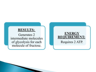RESULTS:
Generates 2
intermediate molecules
of glycolysis for each
molecule of fructose.
ENERGY
REQUIREMENT:
Requires 2 ATP.
 