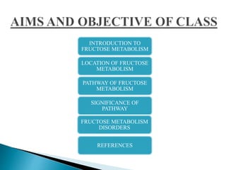 INTRODUCTION TO
FRUCTOSE METABOLISM
LOCATION OF FRUCTOSE
METABOLISM
PATHWAY OF FRUCTOSE
METABOLISM
SIGNIFICANCE OF
PATHWAY
FRUCTOSE METABOLISM
DISORDERS
REFERENCES
 
