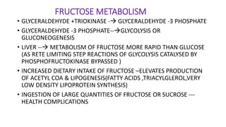 FRUCTOSE METABOLISM
• GLYCERALDEHYDE +TRIOKINASE - GLYCERALDEHYDE -3 PHOSPHATE
• GLYCERALDEHYDE -3 PHOSPHATE--GLYCOLYSIS OR
GLUCONEOGENESIS
• LIVER -- METABOLISM OF FRUCTOSE MORE RAPID THAN GLUCOSE
(AS RETE LIMITING STEP REACTIONS OF GLYCOLYSIS CATALYSED BY
PHOSPHOFRUCTOKINASE BYPASSED )
• INCREASED DIETARY INTAKE OF FRUCTOSE –ELEVATES PRODUCTION
OF ACETYL COA & LIPOGENESIS(FATTY ACIDS ,TRIACYLGLEROL,VERY
LOW DENSITY LIPOPROTEIN SYNTHESIS)
• INGESTION OF LARGE QUANTITIES OF FRUCTOSE OR SUCROSE ---
HEALTH COMPLICATIONS
 