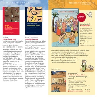 18   hilfen für den kita-alltag                                                                        religiöse früherziehung                    19
                                                                                                                             Kinderlesebibel




                                                                                                                         Die Bibel
                                                                                                                       für Erstleser



                                                                                                                           Michael Landgraf
                                                                                                                           Kinderlesebibel
                                                                                                                           In Zusammenarbeit mit
                                                                                                                           dem Verlag Katholisches
                                                                                                                           Bibelwerk GmbH.
                                                                                                                           Illustriert von Susanne
                                                                                                                           Göhlich.
                                                                                                                           2011. 96 Seiten vierfar-
Rita Woll                            Ornella Garbani Ballnik
                                                                                                                           big, komplett illustriert,
Partner für das Kind                 Schweigende Kinder
                                                                                                                           gebunden
Erziehungspartnerschaften zwischen   Formen des Mutismus in der pädago-
                                                                                                                           Format 17 × 24 cm
Eltern, Kindergarten und Schule      gischen und therapeutischen Praxis
                                                                                                                           € 12,95
2008. 126 Seiten, kartoniert         2009. 293 Seiten mit 4 Abbildungen                                                    ISBN 978-3-525-58017-2
ISBN 978-3-525-31543-9 € 14,95       und 3 Tabellen, kartoniert
                                     ISBN 978-3-525-40201-6 € 27,95
Wie sorgen wir dafür, dass alle
                                                                          • die 40 wichtigsten biblischen Geschichten auf unter 100 Seiten
Kinder ihre Ressourcen optimal       Kinder mit selektivem Mutismus
                                                                          • kindgerechte, klare Texte, die Lust aufs Lesen machen
ausschöpfen; dass sie gefördert      fordern Pädagogen und Thera­
                                                                          • liebevolle, Zeichnungen, die das Leseverständnis fördern
und gestärkt werden und sich         peuten auf besondere Art heraus.
                                                                          • mit einem »Schwere­Wörter­Verzeichnis« zum Nachschlagen
nach Kräften entwickeln?             Wie kann man das Schweigen
                                                                          • ein Format, das in jede Kinderhand passt
Rita Woll plädiert dafür, dass       von Kindern ertragen? Welche
                                                                          • passt im evangelischen wie katholischen Kontext
Kindergarten, Schule und Eltern      Gefühle werden dabei ausgelöst?
                                                                          • Rahmenerzählungen, Materialien und
gemeinsam auf der Seite des          Arbeiten ohne Antworten des
                                                                            Kreativideen im begleitenden Werkbuch
Kindes stehen.                       Gegenübers verlangt einiges an
Wenn sie sich als Verbündete ver­    Durchhaltevermögen und Acht­
stehen, als Partner für das Kind,    samkeit, damit der Dialog dennoch
dann gibt es niemanden mehr,         aufrechterhalten werden kann.
                                                                          Ergänzend dazu:
dem man die »Schuld« für ein Ver­    Es geht darum, das Schweigen als
sagen zuschieben kann, dann wird     Teil der Sprache zu verstehen und
jede Chance ergriffen, die sich      die Schwierigkeiten schweigender                                Michael Landgraf
bietet: zum Wohle des Kindes.        Kinder zu erkennen. Die Autorin                                 Werkbuch Kinderlesebibel
Der Band enthält zahlreiche pra­     gibt eine fundierte Einführung                                  Einführungen, Rahmenerzählungen,
xisnahe Anregungen für Interven­     in den selektiven Mutismus und                                  Materialien
tionen und Förderpläne.              andere Formen des Schweigens,
                                                                                                     In Zusammenarbeit mit dem Verlag
                                     zeigt wirksame pädagogische und
                                                                                                     Katholisches Bibelwerk GmbH.
                                     therapeutische Vorgehensweisen
                                                                                                     2011. 119 Seiten mit zahlreichen
                                     und geht explizit auf die schwie­
                                                                                                     Abbildungen und Kopiervorlagen, DIN A4,
                                     rige Behandlersituation ein.
                                                                                                     kartoniert
                                                                                                     ISBN 978-3-525-58018-9           € 14,95
                                                                                                        ISBN 978-3-647-58018-0        € 11,95
 