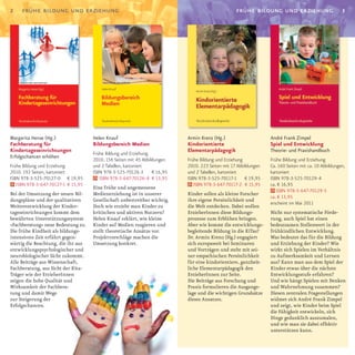 2    frühe bildung und erziehung                                                                 frühe bildung und erziehung                        3




Margarita Hense (Hg.)               Helen Knauf                           Armin Krenz (Hg.)                     André Frank Zimpel
Fachberatung für                    Bildungsbereich Medien                Kindorientierte                       Spiel und Entwicklung
Kindertageseinrichtungen                                                  Elementarpädagogik                    Theorie- und Praxishandbuch
                                    Frühe Bildung und Erziehung
Erfolgschancen erhöhen
                                    2010. 156 Seiten mit 45 Abbildungen   Frühe Bildung und Erziehung           Frühe Bildung und Erziehung
Frühe Bildung und Erziehung         und 2 Tabellen, kartoniert            2010. 223 Seiten mit 17 Abbildungen   Ca. 160 Seiten mit ca. 10 Abbildungen,
2010. 192 Seiten, kartoniert        ISBN 978-3-525-70126-3 € 16,95        und 2 Tabellen, kartoniert            kartoniert
ISBN 978-3-525-70127-0 € 19,95         ISBN 978-3-647-70126-4 € 13,95     ISBN 978-3-525-70117-1 € 19,95        ISBN 978-3-525-70129-4
   ISBN 978-3-647-70127-1 € 15,95                                            ISBN 978-3-647-70117-2 € 15,95     ca. € 16,95
                                    Eine frühe und angemessene
                                                                                                                   ISBN 978-3-647-70129-5
Bei der Umsetzung der neuen Bil­    Medienerziehung ist in unserer        Kinder sollen als kleine Forscher
                                                                                                                ca. € 13,95
dungspläne und der qualitativen     Gesellschaft unbestreitbar wichtig.   ihre eigene Persönlichkeit und
                                                                                                                erscheint im Mai 2011
Weiterentwicklung der Kinder­       Doch wie erzieht man Kinder zu        die Welt entdecken. Dabei wollen
tageseinrichtungen kommt dem        kritischen und aktiven Nutzern?       ErzieherInnen diese Bildungs­         Nicht nur systematische Förde­
bewährten Unterstützungssystem      Helen Knauf erklärt, wie kleine       prozesse zum Erblühen bringen.        rung, auch Spiel hat einen
»Fachberatung« neue Bedeutung zu.   Kinder auf Medien reagieren und       Aber wie kommt die entwicklungs­      bedeutsamen Stellenwert in der
Die frühe Kindheit als bildungs­    stellt theoretische Ansätze vor.      begleitende Bildung in die KiTas?     frühkindlichen Entwicklung.
intensivste Zeit erfährt gegen­     Projektvorschläge machen die          Dr. Armin Krenz (Hg.) engagiert       Was bedeutet das für die Bildung
wärtig die Beachtung, die ihr aus   Umsetzung konkret.                    sich europaweit bei Seminaren         und Erziehung der Kinder? Wie
entwicklungspsychologischer und                                           und Vorträgen und steht mit sei­      wirkt sich Spielen im Verhältnis
neurobiologischer Sicht zukommt.                                          ner empathischen Persönlichkeit       zu Aufmerksamkeit und Lernen
Alle Beiträge aus Wissenschaft,                                           für eine kindorientiere, ganzheit­    aus? Kann man aus dem Spiel der
Fachberatung, aus Sicht der Kita­                                         liche Elementarpädagogik den          Kinder etwas über die nächste
Träger wie der ErzieherInnen                                              ErzieherInnen zur Seite.              Entwicklungsstufe erfahren?
zeigen die hohe Qualität und                                              Die Beiträge aus Forschung und        Und wie hängt Spielen mit Denken
Wirksamkeit der Fachbera­                                                 Praxis formulieren die Ausgangs­      und Wahrnehmung zusammen?
tung und damit Wege                                                       lage und die wichtigen Grundsätze     Diesen zentralen Fragestellungen
zur Steigerung der                                                        dieses Ansatzes.                      widmet sich André Frank Zimpel
Erfolgschancen.                                                                                                 und zeigt, wie Kinder beim Spiel
                                                                                                                die Fähigkeit entwickeln, sich
                                                                                                                Dinge gedanklich auszumalen,
                                                                                                                und wie man sie dabei effektiv
                                                                                                                unterstützen kann.
 