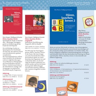 10    kinder vielfältig fördern                                                                                   kinder vielfältig fördern                    11
      Hören, lauschen, lernen                                                                                                    Hören, lauschen, lernen




                                                                                                                                          Ellen Plume /
                                                                                                                                          Wolfgang Schneider
                                                                                                                                          Hören, lauschen,
                                                                                                                                          lernen 2
Petra Küspert / Wolfgang Schneider       Petra Küspert / Wolfgang Schneider                                                               Spiele mit Buchstaben
Hören, lauschen, lernen                  Hören, lauschen, lernen –                                                                        und Lauten für Kinder
Sprachspiele für Kinder im Vorschul-     vorgespielt                                                                                      im Vorschulalter –
alter – Würzburger Trainingspro-         Anleitung zur Durchführung des                                                                   Würzburger Buchstaben-
gramm zur Vorbereitung auf den           Programms. DVD mit Booklet                                                                       Laut-Training
Erwerb der Schriftsprache
                                         2007. Booklet mit 4 Seiten, Jewelcase
                                                                                 Nicht erst seit der PISA­Studie ist bekannt, dass Schwierigkeiten
Ein reichhaltiger Fundus an              ISBN 978-3-525-46050-4 € 12,95
                                                                                 beim Erwerb der Schriftsprache weitreichende Auswirkungen auf
Sprachspielen für Schulkinder
                                         Die DVD zeigt das Trainingspro­         den schulischen Erfolg und das Befinden von Kindern haben. Das
mit dem Ziel, den späteren Schritt
                                         gramm »Hören, lauschen, lernen«         bereits erfolgreich eingeführte Präventionsprogramm von Küspert
zum Schreibenlernen spielend
                                         in der Praxis. Mit einer Gruppe         und Schneider findet mit dem Buchstaben­Laut­Training von Plume
vorzubereiten.
                                         von sechs Vorschulkindern führt         und Schneider »Hören, lauschen, lernen 2« eine sinnvolle und
Das Trainingsprogramm umfasst
                                         die Erzieherin Spiele aus vielen        effektive Ergänzung.
einen Zeitraum von 20 Wochen
                                         Bereichen des Programms vor und
und ist in täglichen Sitzungen
                                         verdeutlicht dabei, wie die Auf­
von 10 Minuten in Kleingruppen                                                   Anleitung
                                         träge den Kindern spielerisch ver­
mit Vorschulkindern durchzu­                                                     2004. 32 Seiten mit zahlreiche Abbildungen, kartoniert
                                         mittelt werden und wie die Kinder
führen. ErzieherInnen finden in                                                  ISBN 978-3-525-46189-1                                            € 18,95
                                         durch gezielte Hilfestellungen
der überarbeiteten Auflage viele
                                         zum korrekten Reimen, Silbieren         Arbeitsmaterial
Anregungen zur praktischen
                                         oder Lautieren hingeführt werden        2004. 48 Bildkarten, 12 Buchstabenkarten, 12 haptische Buchstabenkarten,
Durchführung des Programms.
                                         können.                                 24 Dominokarten und 2 Buchstabenwürfel
                                                                                 ISBN 978-3-525-46190-7                                         € 60,95
Anleitung
6. Auflage 2008. 65 Seiten, kartoniert                                           Anleitung und Arbeitsmaterial
ISBN 978-3-525-49088-4 € 19,95                                                   Zusammen zum Vorzugspreis
                                                                                 ISBN 978-3-525-46191-4                                            € 70,95
Arbeitsmaterial
5., überarb. Auflage 2006.
86 Bildkarten in Faltbox
ISBN 978-3-525-49089-1       € 19,95
Anleitung und Arbeitsmaterial
Zusammen zum Vorzugspreis
ISBN 978-3-525-49090-7 € 32,95
 