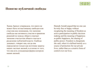 Понятие публичной свободы Ханна Арендт утверждала, что никто не может быть по-настоящему свободен или счастлив вне понимания, что значение свободы как активного участия в принятии решений по поводу общего означает значение счастья как общего счастья и разделение публичной власти. Свобода дешевеет, говорит она, когда она определяется только как источник защиты наших частных жизней, в отличие от того, что она есть созидающая форма контроля наших жизней. Hannah Arendt argued that no one can be truly free or happy without recapturing the meaning of freedom as active participation in public decision making and the meaning of happiness as public happiness, the sharing of public power. Freedom is cheapened, she said, when it is defined merely as a source of protection for our private lives, rather than as a creative form of control over our lives. 55 