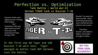 Perfection vs. Optimization
Tank Battle : World War-II
German TIGER tank vs Russian T-34
Counts=5,000
Counts=2,500
Germans Tanks were
highly precise in hitting
their targets .
But
Production with very
tight tolerance limit
slow down the
production of tank
during II-WW
Russian T-34 were not
that accurate . Close
machining tolerances
were maintained only
where it was a must.
Therefore
Russian were able to
deploy the double
strength of tanks.
In the first day 60 Tiger and 328
Russian T-34 were lost. Tiger
emerged as better tank BUT Germans
lost the battle.
 