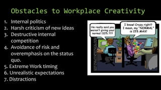 Obstacles to Workplace Creativity
1. Internal politics
2. Harsh criticism of new ideas
3. Destructive internal
competition
4. Avoidance of risk and
overemphasis on the status
quo.
5. Extreme Work timing
6. Unrealistic expectations
7. Distractions
 